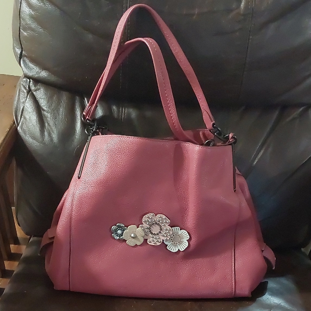 Coach Pink Shoulder Bag with Floral Tea Rose Embellishments